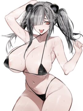 1girls animal_ears arknights bikini blunt_bangs breasts feater_(arknights) female female_only hair_over_one_eye hi_res huge_breasts kemonomimi micro_bikini navel swimsuit tongue tongue_out twintails vxdrq