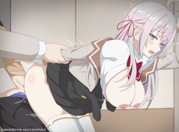 1boy 1girls ahoge alisa_mikhailovna_kujou arm_grab artist_name black_skirt blush breasts breasts_out clothes_lift commentary_request eufoniuz faithful_to_the_anime female green_eyes hair_ribbon half-closed_eyes hanging_breasts highres indoors kuze_masachika large_breasts long_hair male motion_lines nipples no_panties open_mouth paid_reward_available red_ribbon ribbon school_uniform sex skirt skirt_lift standing standing_sex straight subscribestar_username thighhighs thighs tokidoki_bosotto_russian_de_dereru_tonari_no_alya-san web_address white_hair white_thighhighs