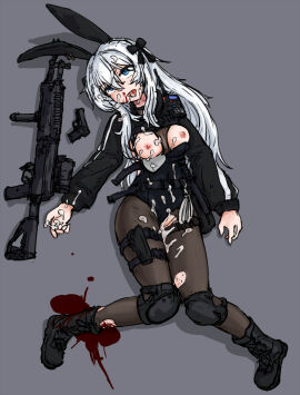 1girls after_sex assault_rifle blue_eyes boots breasts breeding bullet_wound bunny_ears bunnysuit creampie cum cum_between_thighs cum_in_mouth cum_on_breasts death dutchko female female_death female_only forced_creampie grey_background gun knee_pads knees_together_feet_apart necrophilia original original_character pistol pistol_holster solo someone_else's_oc torn_clothes unwanted_creampie unwanted_cumshot walkie-talkie weapon weapon_holster white_hair