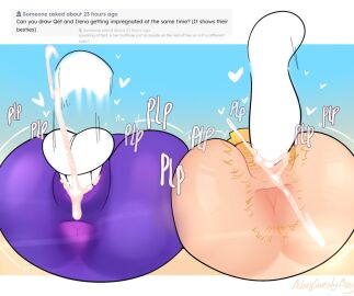 2boys 2girls ass averysweatyboy beach beach_background big_anus big_ass big_dick big_penis blonde_female blonde_hair cum cum_in_pussy cumdrip digital_drawing_(artwork) digital_media_(artwork) english_text female hair hairy hairy_anus hairy_pussy heart_symbol irena_(averysweatyboy) light-skinned_female light_skin male mating_press movement_lines penis plap_(sound) purple_body purple_skin pussy qet_(averysweatyboy) signature vaginal_penetration vaginal_sex white_skin white_skinned_male