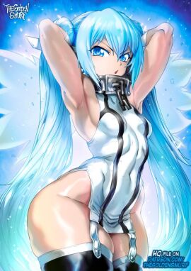 1girls angel angel_wings angeloid armpit armpits arms_behind_head arms_up big_hips blue_eyes blue_hair chains collar curvy female female_only hips hips_wider_than_shoulders humanoid kadokawa_corporation light-skinned_female light_skin looking_at_viewer nymph_(sora_no_otoshimono) skull_crushing_thighs solo sora_no_otoshimono thegoldensmurf thick_thighs thighhighs thighs twintails wide_hips wings