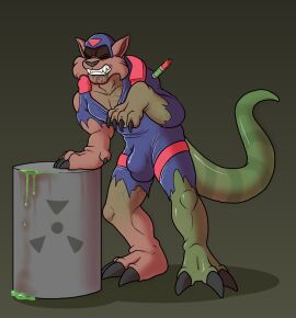 anthro balls blue_balls bodily_fluids bulge cartoon_network clothing corruption dart domestic_cat drooling felid feline felis hanna-barbera hi_res jake_clawson lizard male mammal mutation razor reptile saliva scalie snake solo species_transformation swat_kats tools torn_clothing toxic_waste_barrel transformation vein