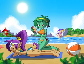 3girls bacontactician beach beachball bikini female female_only palm_tree rottytops shantae shantae_(character) sky_(shantae) sunglasses sunglasses_on_head tacticalbacon84 water