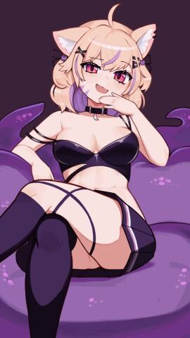 :d ahoge animal_ears bare_shoulders black_legwear black_skirt blonde_hair breasts censored eyebrows_visible_through_hair female hair_ornament hairclip heart heart-shaped_pupils looking_at_viewer medium_breasts mosaic_censoring navel no_panties open_mouth pleated_skirt pussy sitting skirt smile solo squchan_(vtuber) strapless tagme thighhighs video vyugen