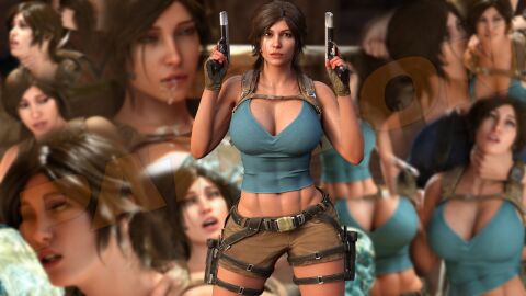 1girls 3d abs athletic athletic_female bare_shoulders belt big_breasts breasts brown_eyes brown_hair bust busty chest cleavage collarbone cowboy_shot female female_only fingerless_gloves gun hips holding_gun holster lara_croft large_breasts legs light-skinned_female light_skin looking_at_viewer mature mature_female midriff no_bra otacon212 shorts slim_waist sweat thick thighs tomb_raider top_heavy voluptuous voluptuous_female waist