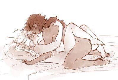 2girls ahoge arm_around_partner bed bed_sheet breasts canon_couple closed_eyes completely_nude curly_hair female gundam gundam_suisei_no_majo highres kneeling legs_up long_hair looking_at_partner looking_pleasured lying lying_on_back lying_on_bed married_couple miorine_rembran missionary_position missionary_tribadism monochrome nude red_hair romantic romantic_couple sideass sideboob suletta_mercury sunspicepie toe_curl tribadism underboob wedding_ring white_hair wife_and_wife yuri
