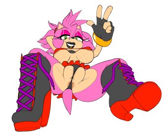 amy_rose anthro anus arm_behind_head bimbo black_boots black_gloves black_lipstick black_thong breasts camel_toe casual ear_piercings fingerless_gloves furry green_eyes hedgehog heeled_boots high_heels large_breasts lip_piercing messy_hair navel nipples peace_sign peach_skin pink_eyeshadow pink_fur pink_hair plain_background ravnic red_headband red_skirt red_top relaxed sega short_skirt skimpy slutty smile sonic_(series) spread_legs tail teasing white_background
