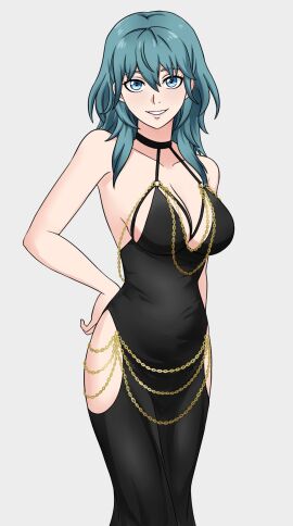 1girls alisa_(vallurite) alternate_costume bare_arms bare_shoulders black_choker black_dress blue_eyes blue_hair breasts byleth_(fire_emblem) byleth_(fire_emblem)_(female) choker cleavage commentary dress english_commentary feet_out_of_frame female female_only fire_emblem fire_emblem:_three_houses grey_background grin highres large_breasts long_hair looking_at_viewer meme_attire modakawa_dress nintendo simple_background sleeveless sleeveless_dress smile solo standing teal_hair