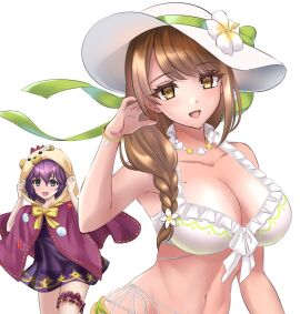 2girls :d alternate_costume animal_hood bare_shoulders bear_hood bernadetta_von_varley bernadetta_von_varley_(summer) bikini bow braid braided_ponytail breasts brown_eyes brown_hair cleavage cloak female female_only fire_emblem fire_emblem:_three_houses fire_emblem_engage fire_emblem_heroes goldmary_(fire_emblem) hat hood hooded_cloak kakiko210 large_breasts long_hair looking_at_viewer mole mole_on_breast multiple_females multiple_girls navel nintendo official_alternate_costume open_mouth purple_bikini purple_hair purple_swimsuit see-through side_ponytail smile stomach swimsuit thighs upper_body white_bikini white_hat white_swimsuit yellow_bow