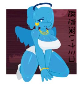 1girls angel angel_girl angel_wings big_breasts blue_body breasts coy_doy dress dripping female female_focus female_only hair_over_one_eye halo looking_at_viewer necklace oc on_knees one_eye_covered one_eye_obstructed original original_character sitting_on_floor slime slime_girl white_dress white_eyes wings
