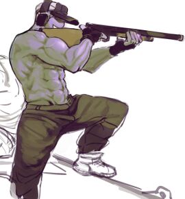 1boy abs aiming_gun bara deimos leixo_mc male male_only muscular muscular_male shirtless_male yaoi