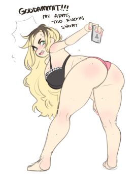 1girls annoyed annoyed_expression artist_self-insert ass big_breasts black_bra blonde_hair bra breasts cheri_(cherrikissu) cherrikissu dialogue digital_drawing_(artwork) digital_media_(artwork) english_text female female_only freckles frustrated holding_phone human humor long_hair panties phone pink_fingernail_polish pink_fingernails pink_nails pink_panties real_person self_portrait selfie solo solo_female sweat voluptuous voluptuous_female