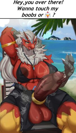 accessory anthro areola balls beach biped blaziken blue_eyes bodily_fluids breasts cock_ring detailed_background erection fur futanari generation_3_pokemon genital_fluids genitals hi_res intersex jewelry nintendo nipple_outline nipples penis penis_accessory penis_jewelry pokemon pokemon_(species) precum red_body rolling_beast solo sweat white_body white_fur