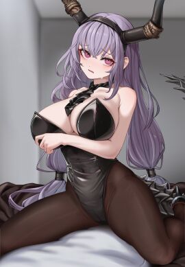 1boy 1girls 2024 arknights big_breasts blush breasts cowgirl_position female hi_res horns legs_apart light-skinned_female light_skin looking_at_viewer male mildt pantyhose purple_eyes purple_hair sitting sitting_on_person tie typhon_(arknights)