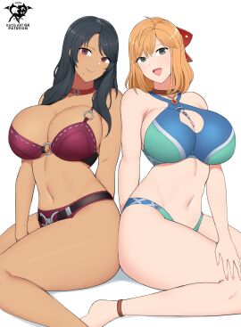 2girls absurd_res alternate_costume bare_shoulders bikini black_hair blonde_hair blue_bikini blue_swimsuit breasts busty choker cleavage curvy dark-skinned_female dark_skin female female_only fiora_(xenoblade) green_eyes highres kaos_art large_breasts light-skinned_female light_skin long_hair looking_at_viewer midriff monolith_soft navel nintendo official_alternate_costume pink_bikini pink_swimsuit red_eyes sharla_(xenoblade) sitting slim_waist swimsuit thick_thighs thighs voluptuous wide_hips xenoblade_(series) xenoblade_chronicles