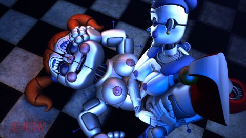 2girls 3d 3d_(artwork) accurate_model baby_(fnafsl) ballora ballora_(fnafsl) big_breasts breasts circus_baby circus_baby_(fnaf) circus_baby_(original) closed_eyes female five_nights_at_freddy's five_nights_at_freddy's:_sister_location footwear full_color lesbian_sex nipples pink_nipples purple_nipples robot robot_girl robot_humanoid scissoring somethingshrimpii spread_legs tribadism twintails white_skin yuri