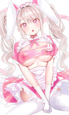 alice_(nikke) blush breasts bunny_ears bunnysuit covering_pussy cute cute_expression cute_face female goddess_of_victory:_nikke haruri light_pink_hair maid maid_apron maid_headdress maid_outfit maid_uniform pink_eyes pink_nipples pussy tagme twintails