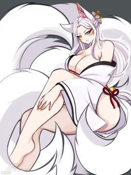 animal_ears animal_tail big_breasts big_thighs big_titties breasts clothing curvaceous curvaceous_female curvaceous_figure curvy curvy_figure curvy_hips female female_focus female_only kitsune long_hair looking_at_viewer mmaikory original original_character white_hair