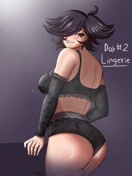 1girls amber_eyes ass ass_focus big_ass black_bra black_lips black_lipstick black_panties blush bra crimsonmoga dark_hair female hair_over_one_eye karmavt lace-trimmed_bra lace-trimmed_panties lace_trim lingerie looking_at_viewer muscles panties sextember short_hair sleeves solo sweat sweatdrop thick_thighs thighs underwear virtual_youtuber vtuber vtuberfanart