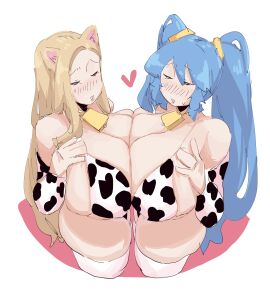 2girls ahri bangs blonde_hair blue_hair blush blush_lines blushing breast_press breast_squeeze breast_squish breasts cat_ears choker collar cow_bell cow_bell_collar cow_print cow_print_bikini cow_print_sleeves cow_print_thighhighs cowbell cowkini detached_sleeves female hair_between_eyes heart huge_breasts k/da_ahri large_breasts league_of_legends leebongchun long_hair massive_breasts multiple_females multiple_girls plump plump_thighs sidelocks sleeves sona_buvelle sweat sweatdrop symmetrical_docking thighhighs thighs twintails twintails_(hairstyle) very_long_hair yellow_hair