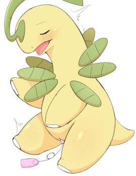 azuo bayleef blush closed_eyes female feral generation_2_pokemon genitals hi_res nintendo penetration pokemon pokemon_(species) pussy sex_toy sex_toy_in_pussy sex_toy_insertion simple_background solo vaginal_penetration vibrator vibrator_in_pussy white_background yellow_body