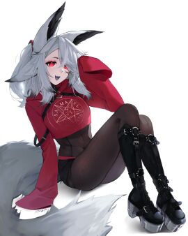 1girls animal_ears bangs black_footwear bodysuit boots breasts ceskyne crossed_legs cute_fang dog_ears dya_rikku_(vtuber) face_markings female fox_ears fox_tail grey_hair hair_between_eyes harness hoodie jacket knee_boots long_hair long_sleeves looking_at_viewer open_mouth pantyhose red_eyes shorts sitting skin_tight sleeves_past_fingers sleeves_past_wrists smile solo striped tail virtual_youtuber vyugen white_hair wolf_ears wolf_tail