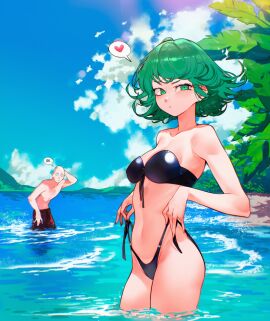 1boy 1girls arm_behind_head arm_up bald bare_arms bare_shoulders bikini black_bikini blue_sky breasts cesar_art456 cloud commentary cowboy_shot day english_commentary female flipped_hair green_eyes green_hair heart highleg highleg_bikini highres legs_together looking_at_viewer male male_swimwear medium_breasts mountainous_horizon ocean one-punch_man outdoors palm_leaf parted_lips red_swim_trunks saimaki saitama shiny_clothes short_hair side-tie_bikini_bottom sky solo_focus speech_bubble spoken_heart standing strapless strapless_bikini swim_trunks swimsuit tatsumaki teeth uneven_eyes wading water
