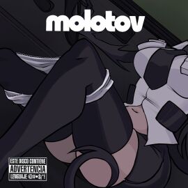 album_cover anthro black_hair black_thighhighs breasts clothing cover english_language english_text female filia_(skullgirls) kydoxh large_breasts legwear long_hair medium_breasts mexican molotov_(band) navel necktie panties panties_around_leg panties_aside panties_down panties_removed panty_pull parody rock_band school_uniform sitting skirt skullgirls solo text thighhighs underwear white_panties