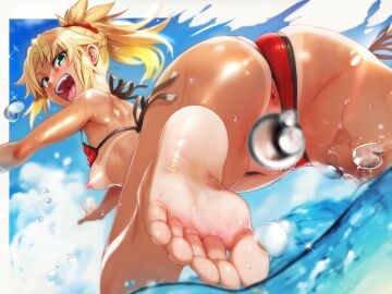 :d anus ass ass_focus barefoot bikini bikini_bottom_aside bikini_top_lift blonde_hair blue_sky blush breasts clothes_lift clothing_aside cloud commentary_request convenient_censoring dutch_angle fate/grand_order fate_(series) feet female foot_focus foreshortening from_behind green_eyes highres lens_flare looking_at_viewer medium_breasts momisan mordred_(fate) mordred_(swimsuit_rider)_(fate) mordred_(swimsuit_rider)_(first_ascension)_(fate) nipples outdoors paid_reward_available pussy red_bikini side-tie_bikini_bottom sky smile soles solo swimsuit tan tanlines toes water water_drop