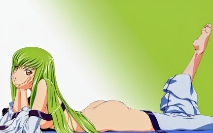 ass bare_feet bare_shoulders barefoot_female solo_female waiting barefoot c.c. code_geass feet_up female_only green_hair looking_at_viewer lying_on_stomach partially_clothed waiting_for_sex yellow_eyes