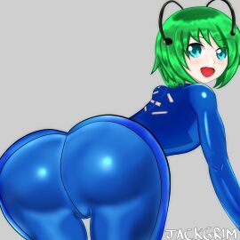 1boy ass big_ass bulge female jackgrim large_ass male shiny_clothes smiling tight_clothing touhou wriggle_nightbug zero_suit