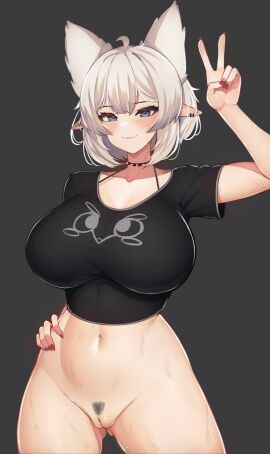 absurd_res ahoge animal_ears arm_up armpits bikini black_bikini black_choker black_shirt blush borrowed_character bra breasts choker cleft_of_venus closed_mouth cowboy_shot ear_piercing female female_pubic_hair grey_background grey_hair hand_on_own_hip hi_res high_resolution highres innie_pussy large_breasts lorel_(aurwoora) multi_ear nail_polish navel nipples no_panties original piercing pointy_ears pubic_hair pubic_hair_peek pussy red_nails round_eyewear short_hair simple_background smile solo spiked_choker spikes standing tagme topless uncensored v varniskarnis white_hair