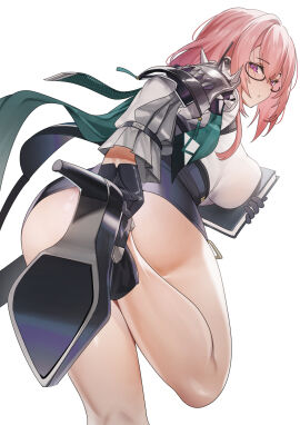 :o absurdres adjusting_footwear armor ass bare_legs black-framed_eyewear black_gloves black_shoes black_skirt book breast_press breasts commentary_request curvy earpiece female from_behind glasses gloves hair_between_eyes high_heels highres holding holding_book large_breasts legs long_hair long_sleeves looking_at_viewer partial_commentary pauldrons pink_hair purple_eyes shirt shoes shoulder_armor sidelocks simple_background skirt solo teddypocky thick_thighs thighs tsukishiro_yanagi white_background white_shirt zenless_zone_zero