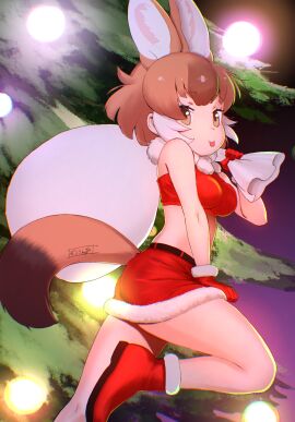 :p animal_ears bare_shoulders belt boots brown_hair christmas christmas_outfit christmas_tree clothing crop_top dhole_(kemono_friends) dog_ears dog_girl dog_tail female footwear fur-trimmed_boots fur-trimmed_gloves fur-trimmed_skirt fur_collar fur_trim gloves high_resolution in_profile kemono_friends large_filesize long_hair looking_at_viewer looking_to_the_side masuyama_ryou midriff multi_ear multicolored_hair red_footwear red_gloves red_skirt sack santa_costume skirt smile solo tail tail_through_clothes tongue tongue_out two-tone_hair white_hair