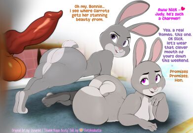 2girls ass ass_up bonnie_hopps breasts breasts_on_floor bunny canine_penis datsheabutta dialogue disney edit female furry grey_fur judy_hopps male milf nick_wilde nude penis purple_eyes sagging_breasts text usnarbit zootopia