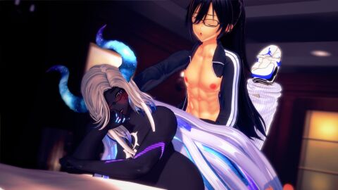 1boy 1girls akinama_family_(noir-black-shooter) ass big_ass big_breasts big_butt black_hair breasts dark-skinned_female dark_skin demon demon_girl demon_horns female grey_eyes huge_breasts huge_cock koikatsu large_penis long_hair male noir-black-shooter oc original original_character penis silver_eyes takeshi_akinama_(noir-black-shooter) taller_female