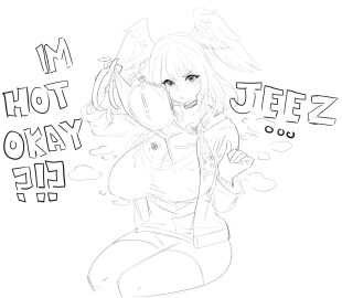 big_breasts bra bra_lift bra_removed breasts commission dialogue eunie_(xenoblade) female nintendo softbeancandy sweater tattoo tattoo_on_chest text thick winged_humanoid wings wings_on_head xenoblade_(series) xenoblade_chronicles_(series) xenoblade_chronicles_3