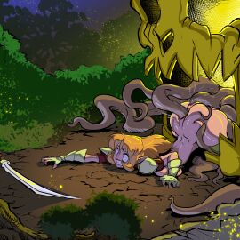 1girls allyria_(spunky_paladins) anal anal_penetration ass blonde_hair breasts clenched_teeth clothing clumzor defeated double_penetration elf elf_ears elf_female face_down_ass_up female from_behind long_hair monster out_of_reach outdoors penetration pointy_ears pussy spread_legs spunky_paladins sword tentacle thick_thighs vaginal_penetration weapon wide_eyed wide_hips