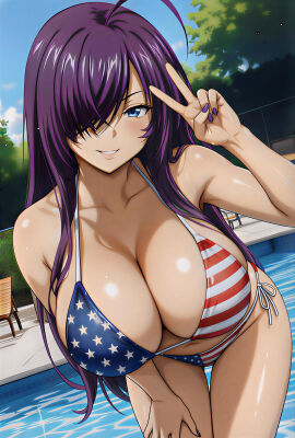 1girls ai_generated american_flag_bikini anime anime_girl anime_style babe beautiful beautiful_female belly_button bikini blush_lines breasts busty_female curvy_figure divine_beauty fantasy female hair_covering_one_eye heavenly_face hi_res high_resolution huge_breasts ikkitousen kanu_unchou looking_at_viewer outdoors outside perfect_body pool poolside purple_hair sexy smiling solo summer sunlight swimming_pool trees upscaled vacation voluptuous wet young_female