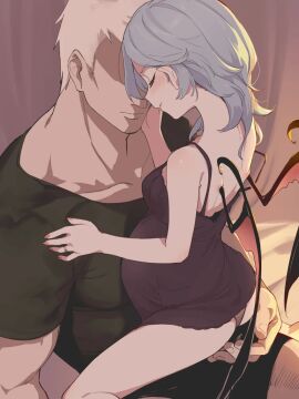 blue_hair breasts diference_size female loving_it male muscular muscular_male petite_female pregnant pregnant_belly pregnant_female small_breasts