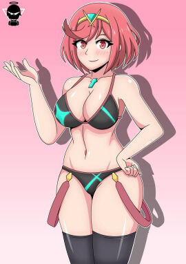 1girls a_fan_of_haruhi big_breasts bikini black_bikini black_swimsuit breasts core_crystal female hand_on_hip large_breasts looking_at_viewer midriff navel nintendo pyra red_eyes red_hair short_hair swimsuit thighhighs tiara xenoblade_(series) xenoblade_chronicles_2
