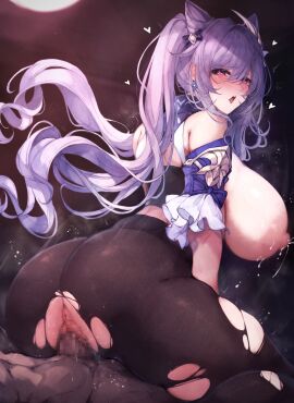 1boy absurdres alna_(mu5fal) alternate_breast_size anus ass bare_shoulders breasts cone_hair_bun dark-skinned_male dark_skin double_bun female genshin_impact hair_between_eyes hair_bun hair_ornament highres huge_breasts interracial keqing_(genshin_impact) lactation long_hair looking_at_viewer male nipples penis pubic_hair purple_eyes purple_hair pussy sex solo_focus straight twintails vaginal_penetration variant_set