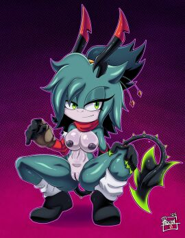 anthro antlers clothing fan_character female fingerless_gloves footwear footwear_only fur genitals gloves green_body green_eyes green_fur grey_body grey_nipples grey_vulva handwear hi_res horn humanoid hybrid mostly_nude naked_footwear nipples presenting presenting_pussy presenting_vulva procyon_star pussy sega shoes shoes_only simple_background socks solo solo_focus sonic_(series) sonic_the_hedgehog_(series) squatting_pose tail vulva