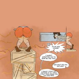 1girls ass_up big_breasts breasts bubble_butt cleavage crop_top fart fart_cloud fart_fetish farts fast_food_employee female hooters_(parody) hooters_uniform joanne_(mrtomato8224) mrtomato8224 shorts stuck stuck_in_vent tomboy vent waitress