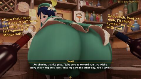 1boy 3d alcohol ass ass_bigger_than_head ass_bigger_than_torso ass_focus atool big_ass black_hair bottle bottom_heavy bubble_butt bulge clothing dat_ass dialogue fat_ass femboy genshin_impact huge_ass hyper hyper_ass indoors large_ass looking_at_viewer looking_back male male_only massive_ass oakensfm png sitting sitting_on_chair tavern text thick_ass venti_(genshin_impact) woodworksfm