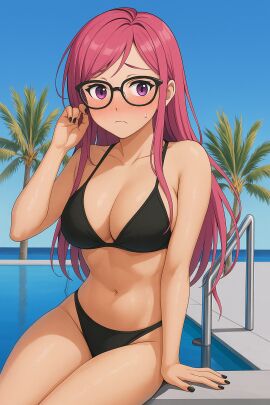 1girl 1girls big_breasts bikini black_bikini black_nails blush fat_tits glasses nice_tits not_porn oc original_character pink_eyes pink_hair pinku_(oc) pool pose shy stomach water water_on_body wet