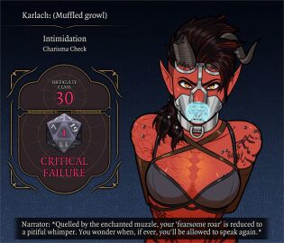 armbinder baldur's_gate baldur's_gate_3 body_modification bondage bondage_gloves boxbinder bra broken_horn burn_scar critical_failure dice_roll dominated_female dungeons_and_dragons forgotten_realms gagged gagged_female horn horns karlach muffled orange_eyes panties pointy_ears red-skinned_female red_skin restrained scar spell submissive_female subtitles tattoo tattoos tied_up tiefling underwear wossarem