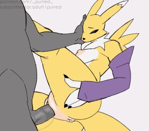 1girls animated anthro anthro_penetrated anus arm_warmers_only balls bandai_namco black_sclera blue_eyes bodily_fluids breasts dark-skinned_male digimon digimon_(species) digiphilia duo erection female female_penetrated fur furry genital_fluids genitals human human_on_anthro human_penetrating human_penetrating_anthro interspecies male male/female male_human/female_anthro male_human/female_digimon male_penetrating male_penetrating_female mammal nipples nude penetration penile penile_penetration penis penis_in_pussy plump_labia pulred pussy renamon sex short_loop vaginal_fluids vaginal_penetration yellow_body yellow_fur