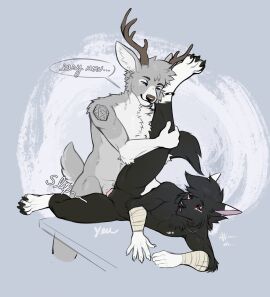 anklet anthro antlers arm_tattoo belly black_body black_fur blue_eyes canid canine canis cervine critical_miss cuntboy d20 deer dice duo fur furniture grey_body grey_fur hi_res horn intersex intersex/male j-shiro jace_(j-shiro) jewelry male mammal markings natural_1 on_table open_mouth pussy raised_leg red_eyes rentalgf simple_background spread_legs spreading table table_sex tattoo vaginal_penetration white_belly white_markings wolf