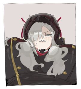 1girls bangs bangs_over_one_eye below_view black_horns black_tie black_uniform blue_archive breasts breasts_apart buckles clenched_teeth collar female from_behind from_behind_angle gehenna_academy_student grey_eyes hair_over_one_eye hair_over_shoulder horns large_breasts leebongchun long_hair makoto_(blue_archive) military military_hat military_uniform open_mouth pandemonium_society_(blue_archive) sharp_teeth sidelocks solo student_council_president tie uniform white_collar white_hair